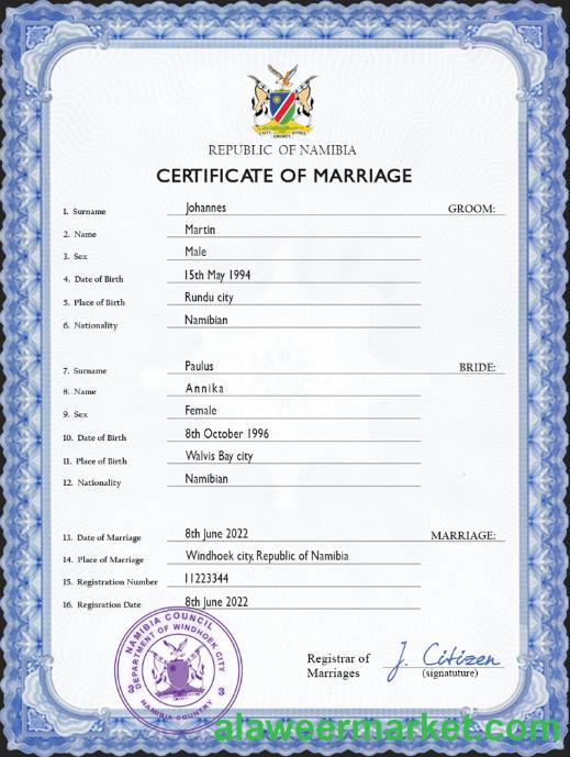 Namibia marriage certificate PSD template